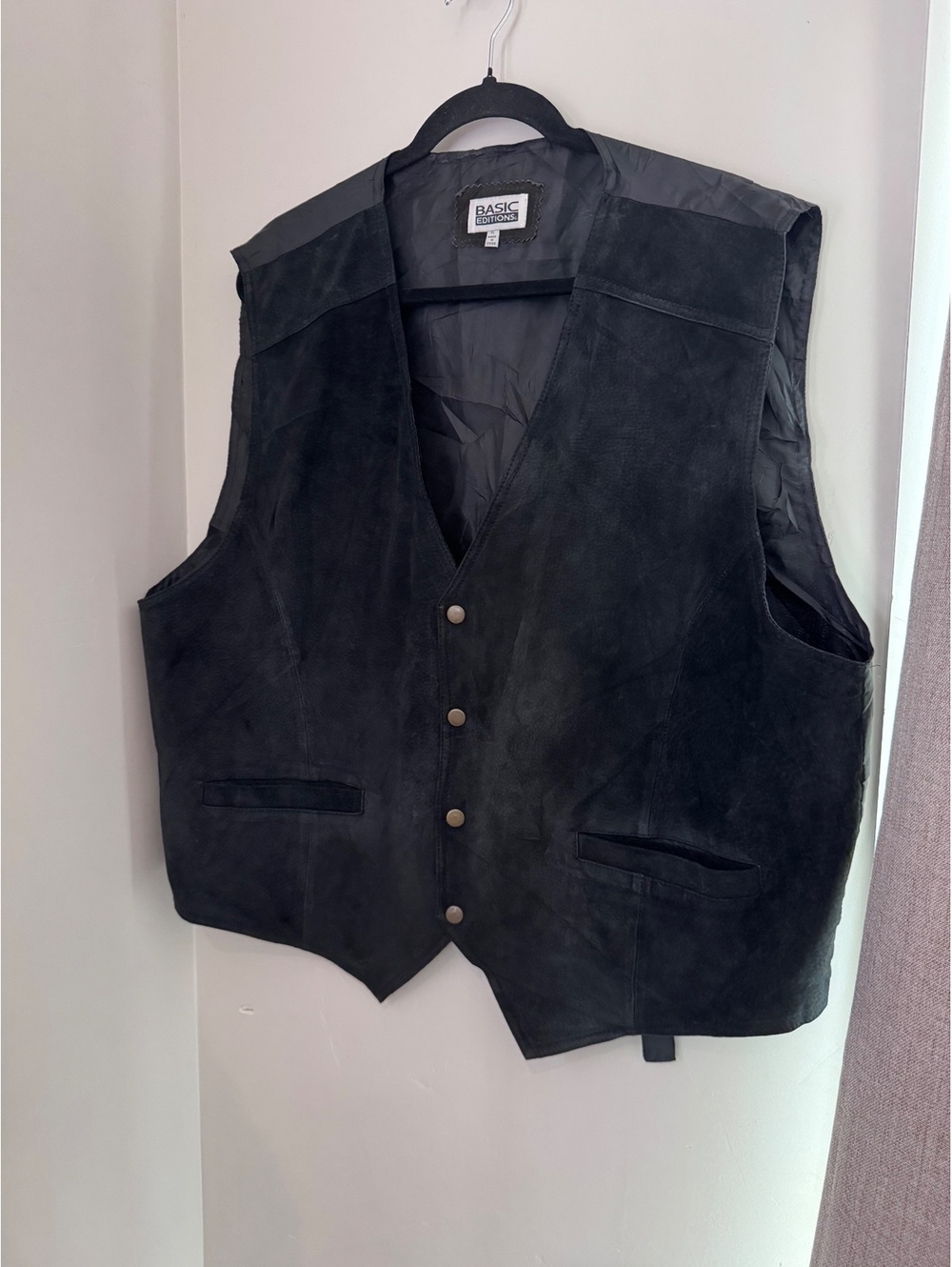 Basic Editions Men's Black Genuine Leather Suede Western Vest Snap Front Size XL